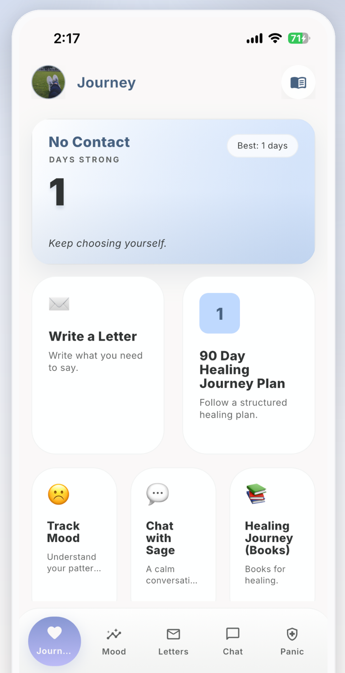 Unsent app dashboard showing the healing journey and no-contact tracker