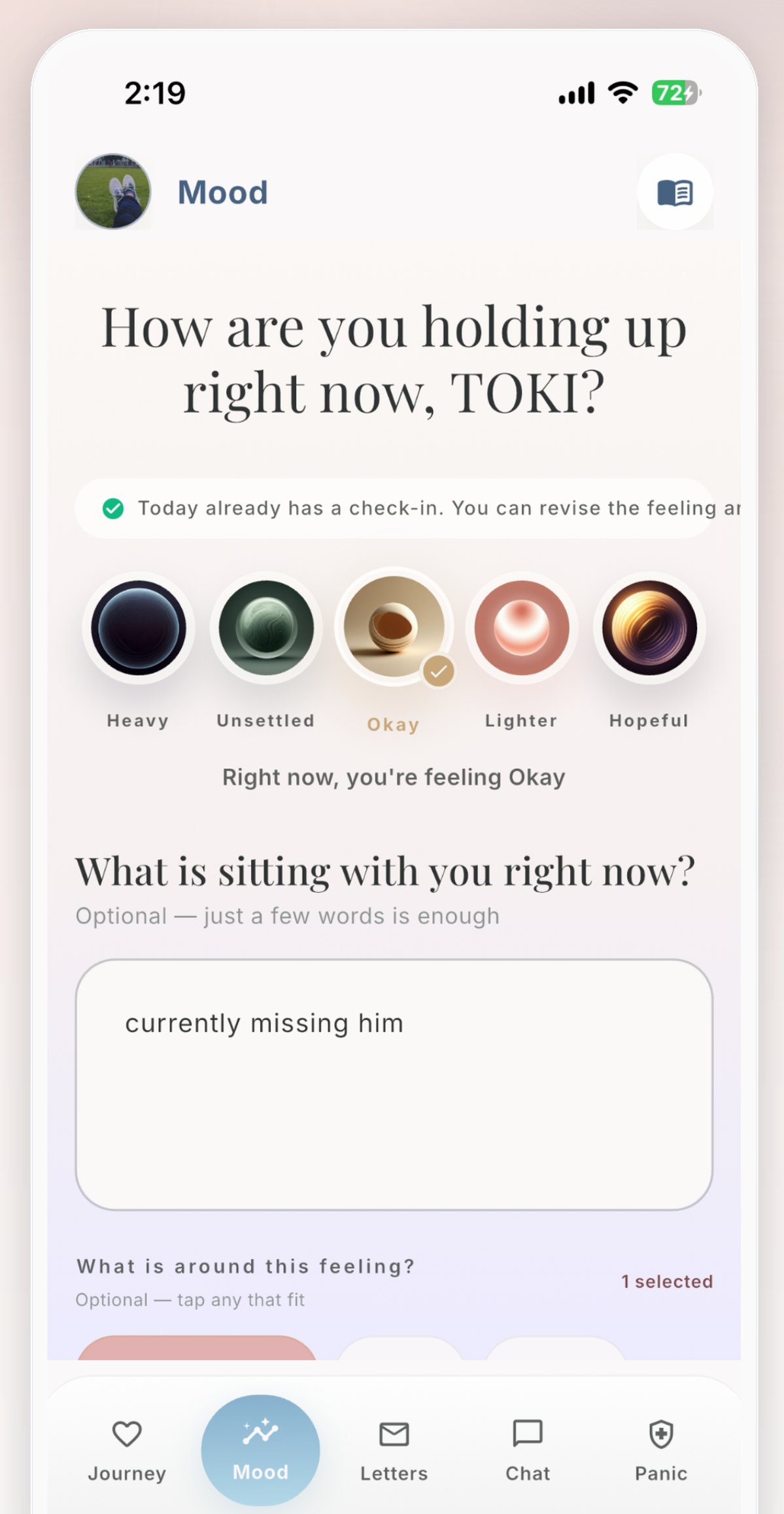 Unsent mood check-in with five emotional states